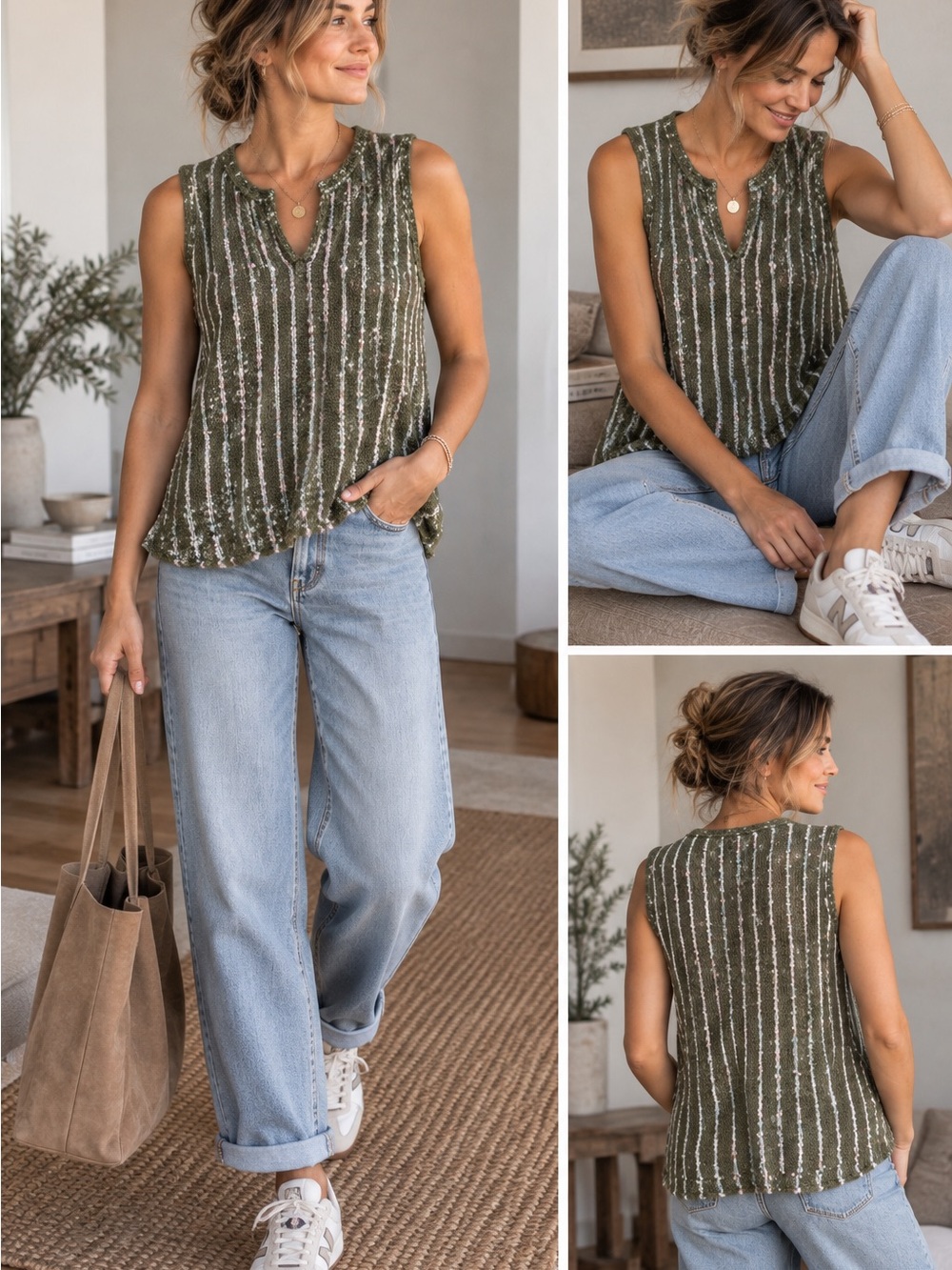 Olive Green CottageCore Stripped Knit Sweater Vest BoHo